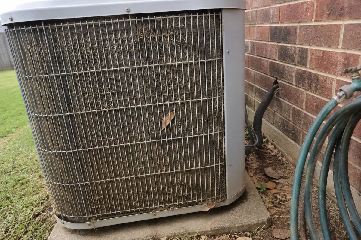 Outdoor condenser unit with the fin surface matted with lawn clippings and dust