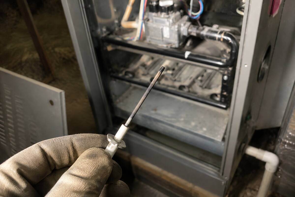 Flame sensor rod out of a furnace, held in a gloved hand