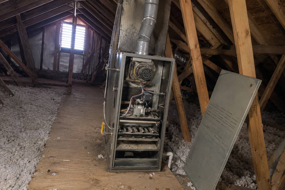 Furnace section in an attic with the front panel off and the flue pipe running up behind it